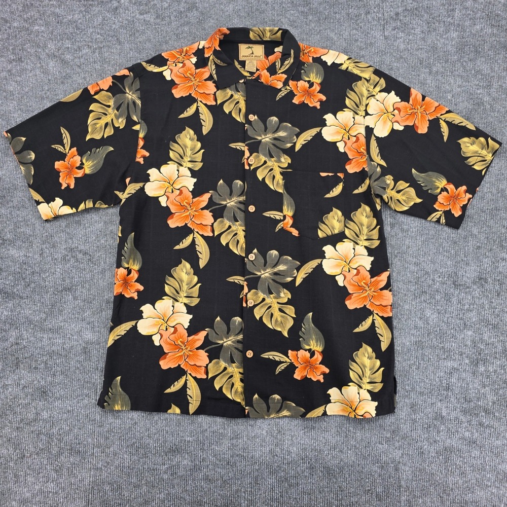 Jamaica Jaxx Mens Medium Black 100% Silk Tropical Floral Hibiscus Camp Shirt M